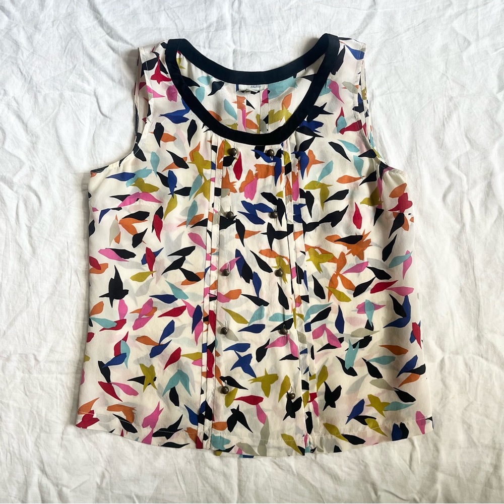 Anthropologie Sleeveless Silk Blouse (abstract birds)